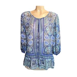Chicos Womens Blouse Blue Size 2 Silk Blend Sheer Paisley Smocked Peplum